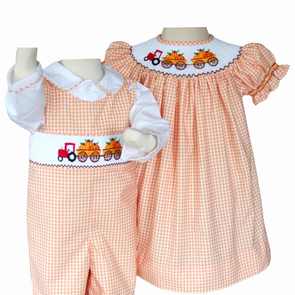 New Thanksgiving Pumpkins Girls Bishop Smocked Dress Orange Plaid Fall Tractor - Picture 2 of 7